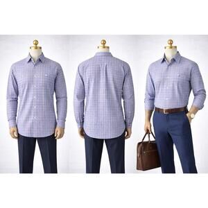 Nautica Men 18 34/35 Blue Orange Cotton Button Up Shirt Long Sleeve Classic Fit